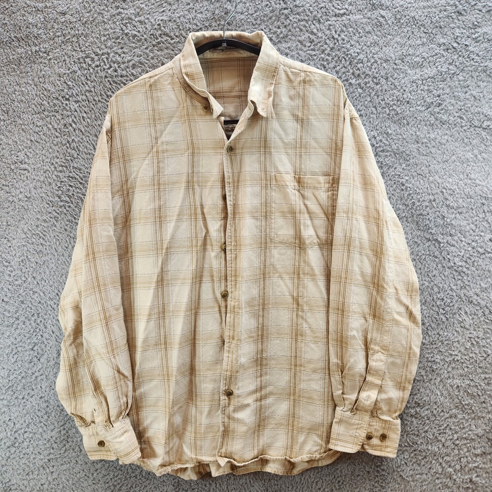 Tommy Bahama Shirt Men's XL Beige‎ Plaid Lyocell Long Sleeve Button Down Preppy